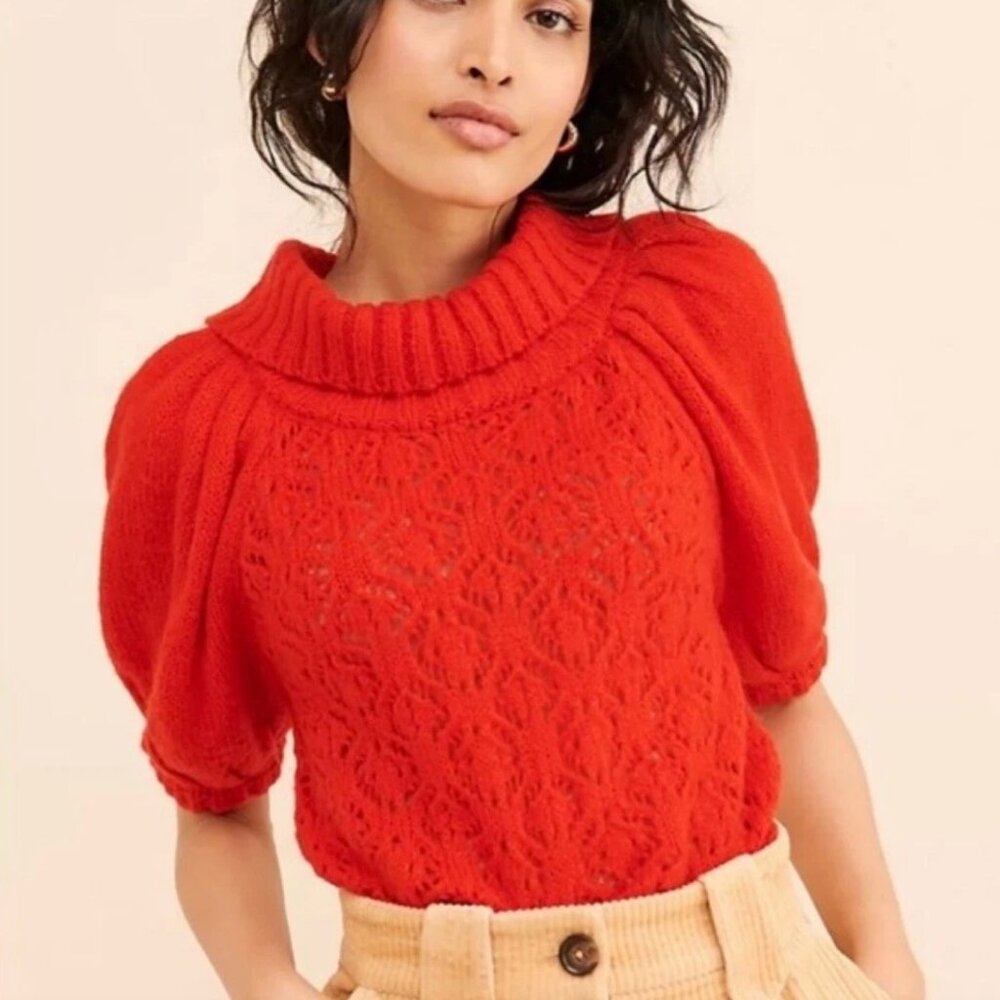For Love & Lemons Francois Puff Sleeve Pointelle Sweater (XS) NWOT